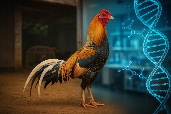 ไก่ชนยืนสง่างามอยู่กลางภาพ