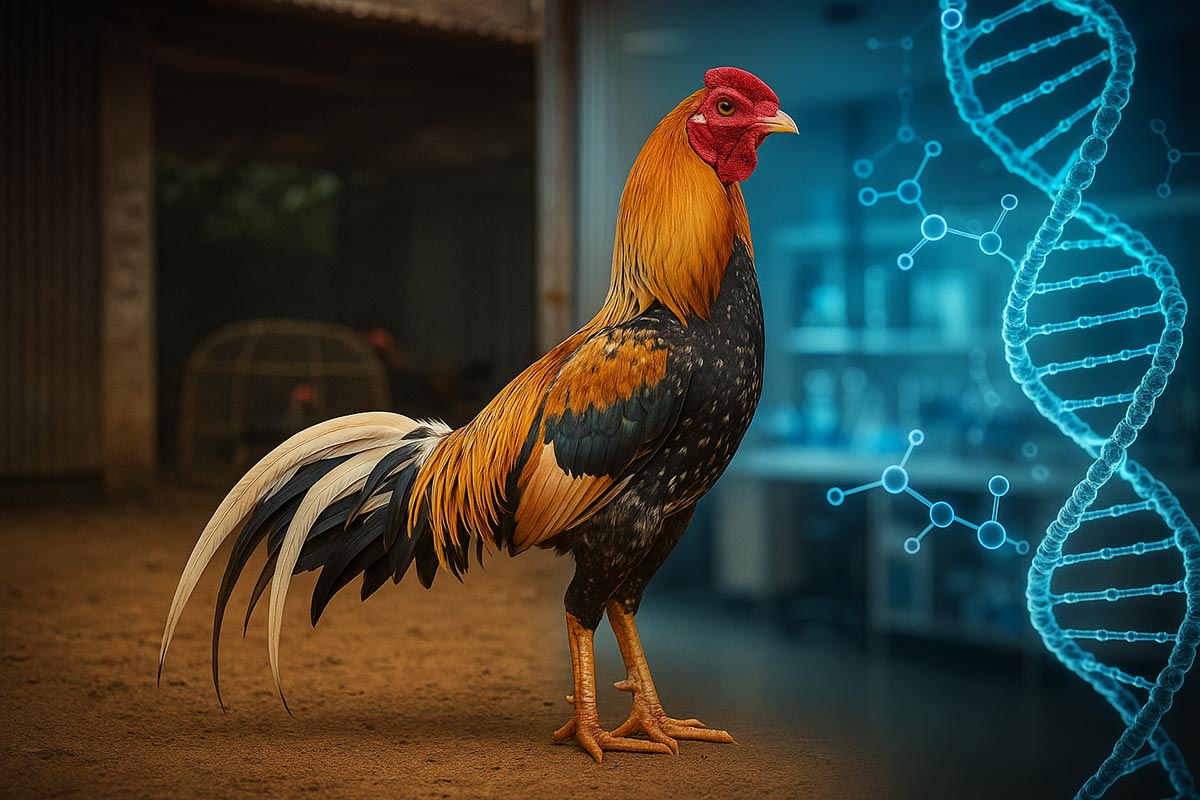 ไก่ชนยืนสง่างามอยู่กลางภาพ