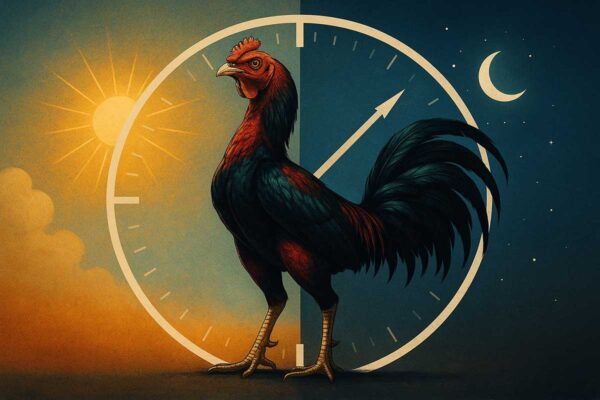 ไก่ชนหนุ่มยืนสง่า โดยมีพื้นหลังเป็นพระอาทิตย์ขึ้นและพระจันทร์ตก สื่อถึงกิจวัตรประจำวัน 24 ชั่วโมง