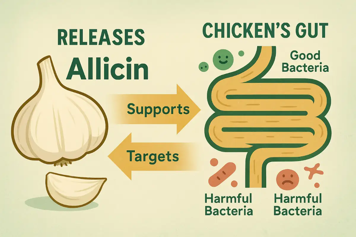 อินโฟกราฟิกแสดงกลไกของสารอัลลิซินจากกระเทียมที่ช่วยลดเชื้อแบคทีเรียในลำไส้ไก่ชนและเสริมภูมิคุ้มกัน