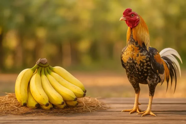 ไก่ชนยืนข้างกล้วยน้ำว้าบนพื้นไม้ แสดงถึงการใช้กล้วยเป็นอาหารเสริมของไก่ชน