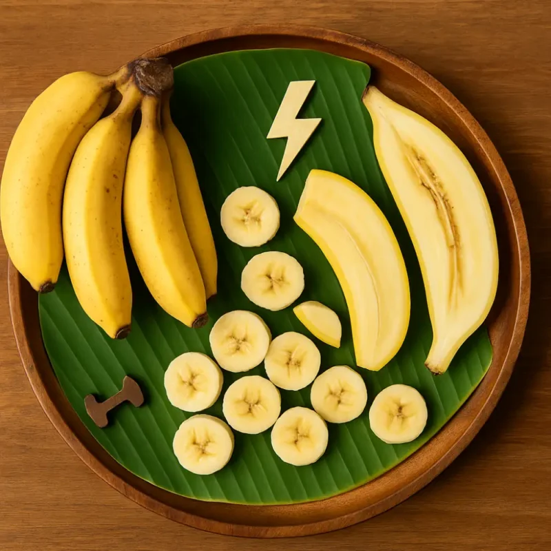 กล้วยน้ำว้าหั่นแว่นจัดวางบนใบตอง สื่อถึงแหล่งพลังงานธรรมชาติสำหรับไก่ชน