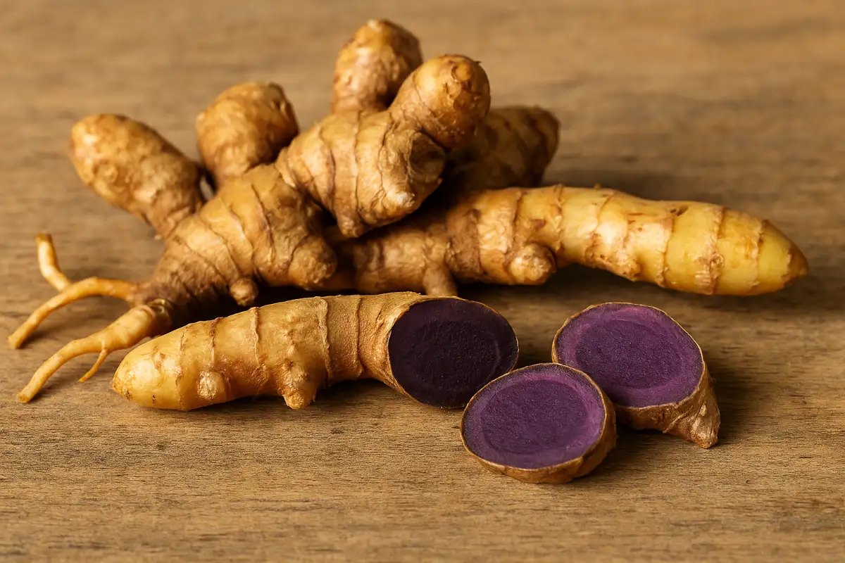 กระชายดำสดและหั่นบางส่วน เผยเนื้อในสีม่วงเข้ม เป็นสมุนไพรหลักบำรุงกำลังไก่ชน