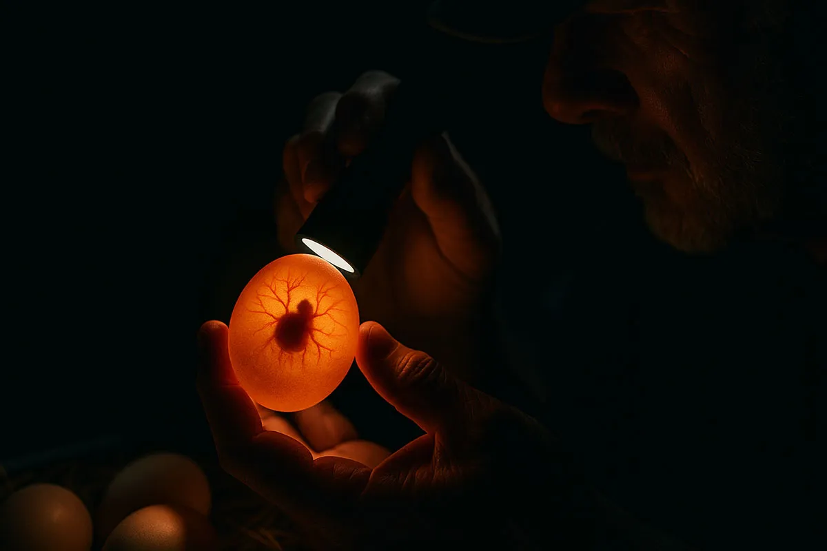 การส่องไข่ไก่ชนในห้องมืดเพื่อดูพัฒนาการของตัวอ่อน เห็นเส้นเลือดภายในเปลือกไข่อย่างชัดเจน