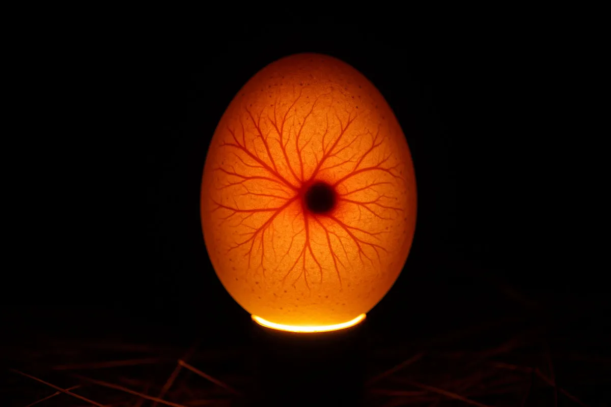 การส่องไข่ไก่ชนด้วยไฟ เห็นเส้นเลือดและเชื้อภายใน