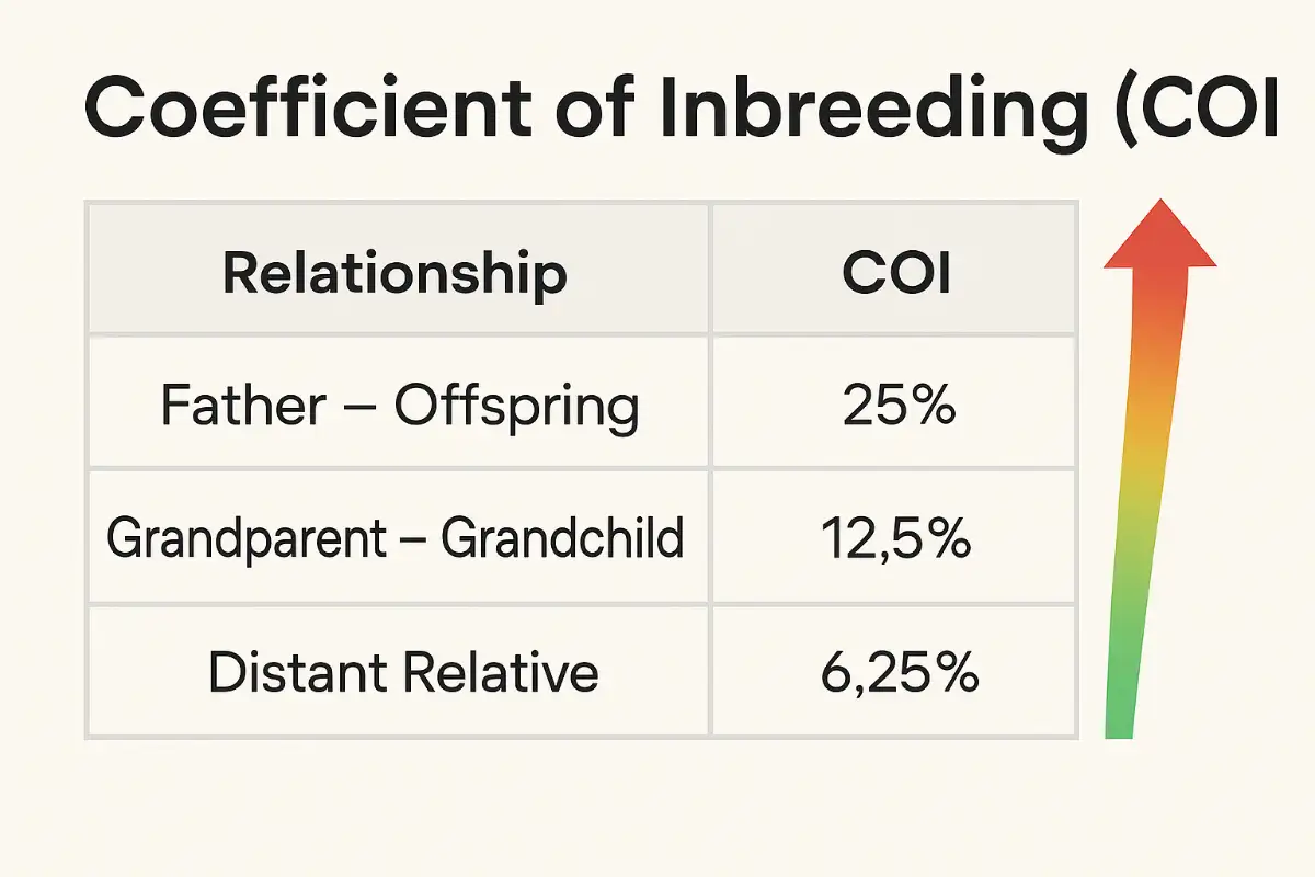 ตารางค่า COI แสดงความเสี่ยงของระดับความใกล้ชิดทางสายเลือดในไก่ชน