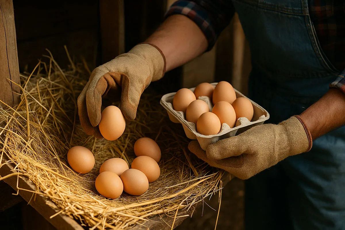 เกษตรกรกำลังเก็บไข่ไก่ชนจากรังฟางอย่างระมัดระวัง