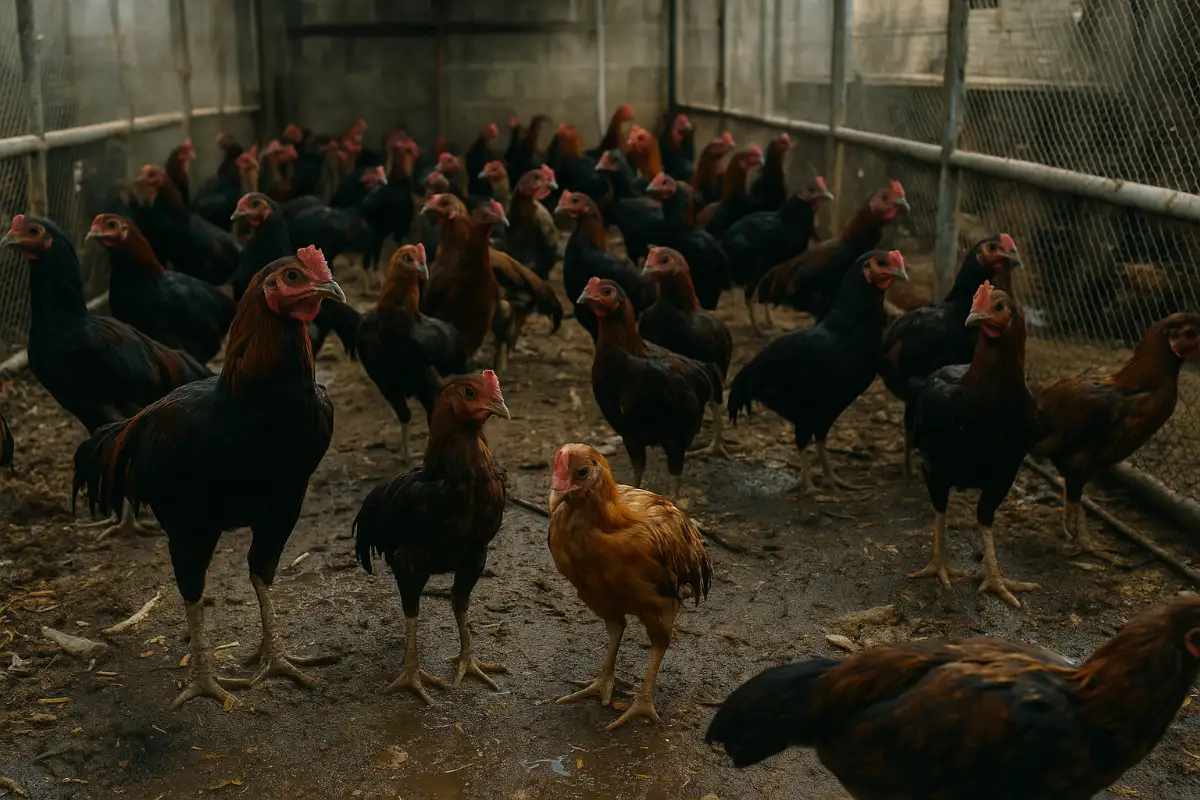เล้าไก่ชนที่แออัดและสกปรก เป็นปัจจัยที่ทำให้ไก่เครียดและโตช้า