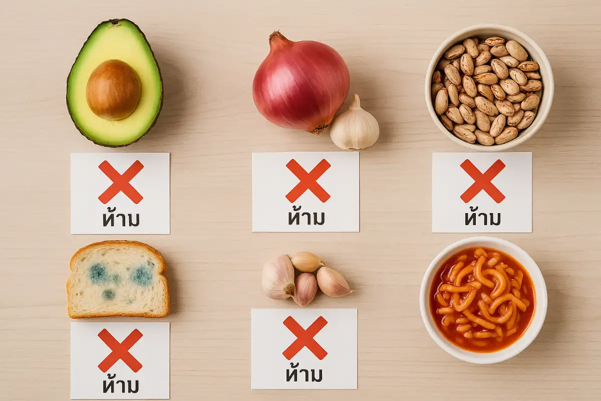 อาหารต้องห้าม 5 อย่างสำหรับไก่ชน ได้แก่ อะโวคาโด หัวหอม กระเทียม ถั่วดิบ อาหารขึ้นรา และอาหารปรุงรสจัด