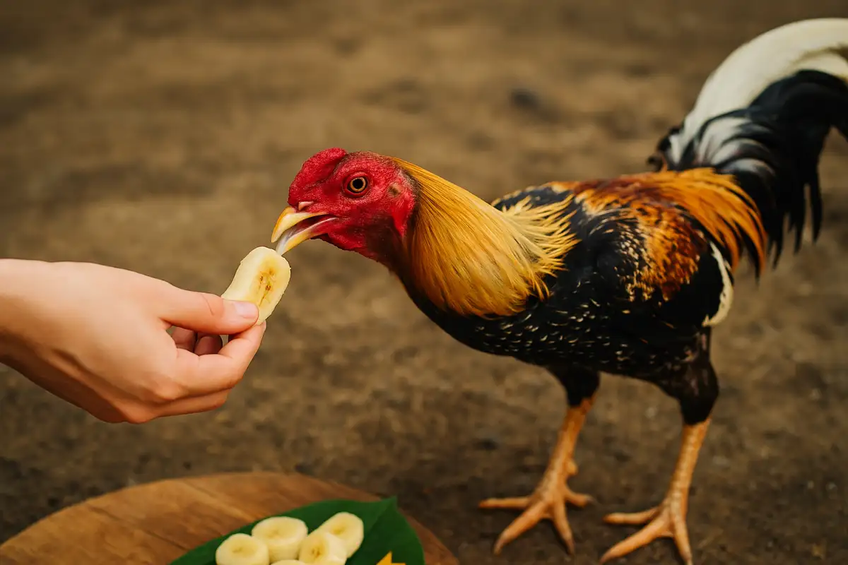 มือยื่นกล้วยหั่นเป็นชิ้นให้ไก่ชนกิน แสดงเทคนิคการให้กล้วยอย่างเหมาะสม