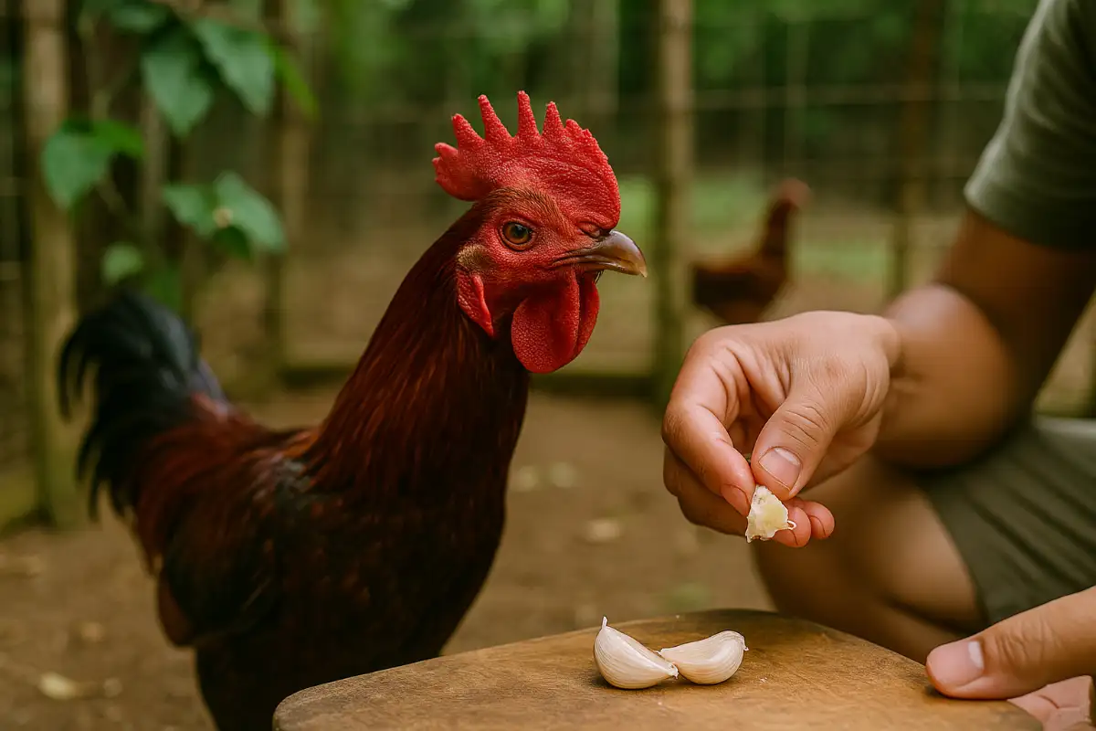 ผู้เลี้ยงกำลังป้อนกระเทียมสดให้ไก่ชนภายในซุ้ม เพื่อบำรุงสุขภาพและเสริมภูมิคุ้มกัน