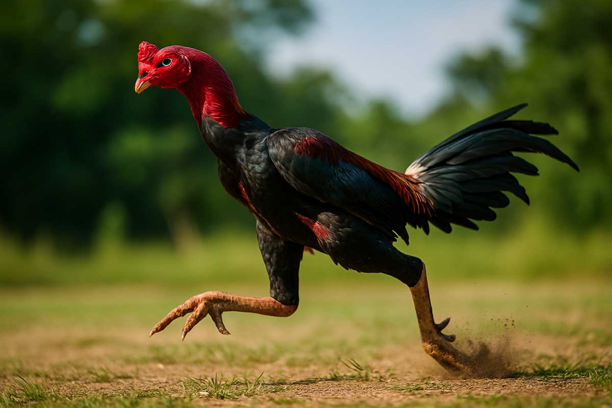 ไกชนกำลังออกกำลังกายวิ่งในแปลงอย่างแข็งขัน แสดงถึงพละกำลังและความแข็งแรงของกล้ามเนื้อ