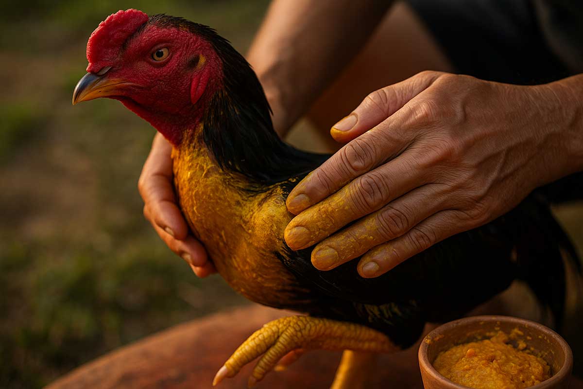 เจ้าของใช้ขมิ้นทาบำรุงตามตัวไก่ชนหลังซ้อม เพื่อช่วยฟื้นฟูกล้ามเนื้อและลดการอักเสบ