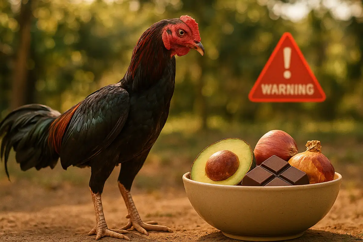 ไก่ชนยืนข้างถ้วยอาหารที่มีอะโวคาโดและของต้องห้าม โดยมีป้ายเตือนอันตรายสีแดง