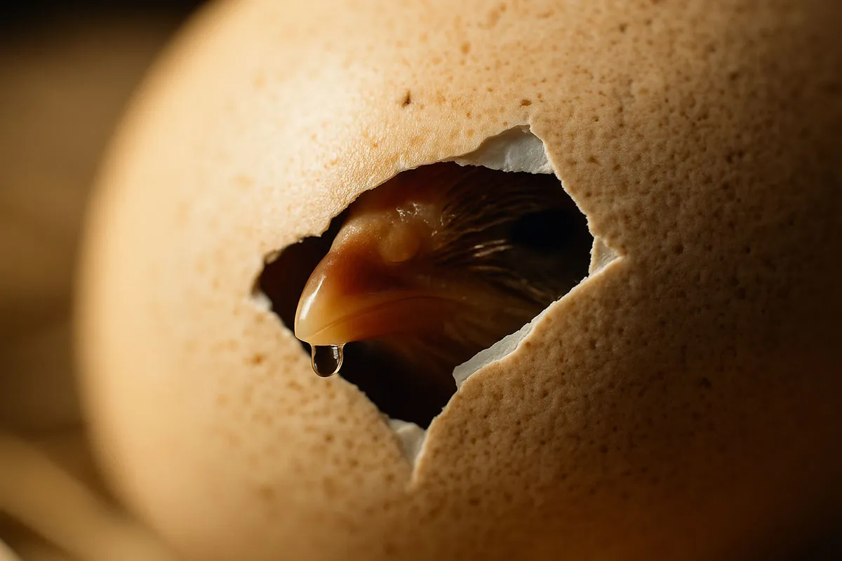 ภาพระยะใกล้สุดของลูกไก่ชนกำลังเจาะเปลือกไข่ออกมาเป็นครั้งแรก หรือที่เรียกว่า Pipping