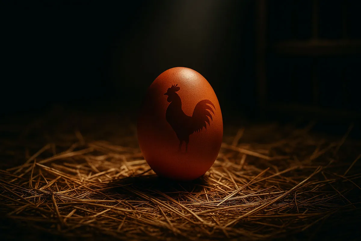 ไข่ไก่ชนคุณภาพดีวางอยู่บนฟาง พร้อมเงาสะท้อนของไก่ชนแชมป์เปี้ยน สื่อถึงการเพาะพันธุ์ไก่ชนอย่างมืออาชีพ