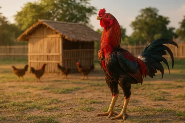 พ่อพันธุ์ไก่ชนยืนโดดเด่นกลางฟาร์ม สื่อถึงสายพันธุ์หลักของฟาร์ม