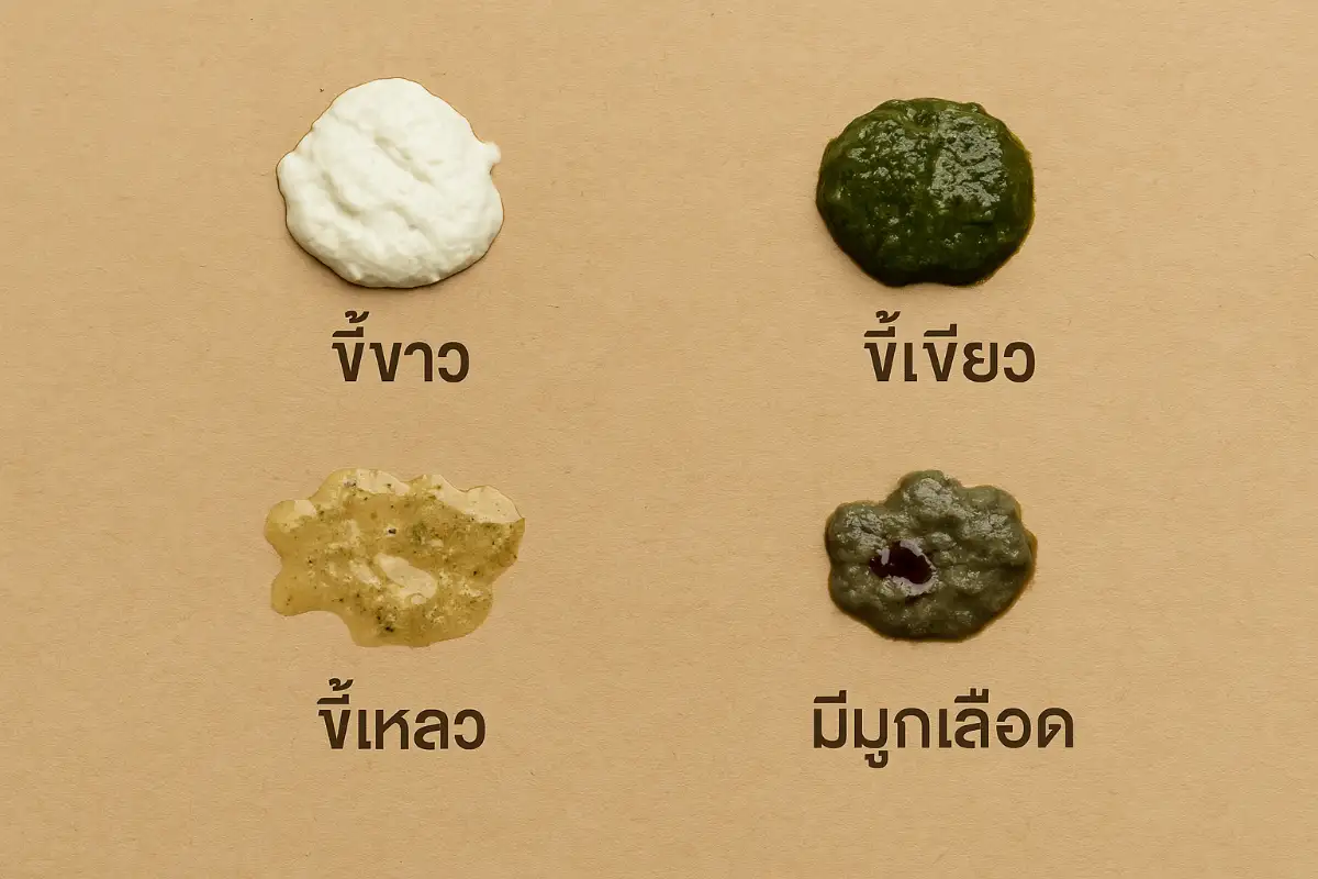 ตัวอย่างมูลไก่ชนผิดปกติ 4 แบบ ได้แก่ ขี้ขาว ขี้เขียว ขี้เหลว และมีมูกเลือด สัญญาณสำคัญของโรคลำไส้อักเสบ