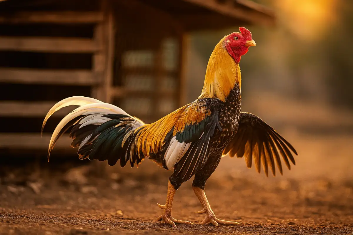 ไก่ชนพ่อพันธุ์ยืนแผ่ปีกอย่างสง่างาม สื่อถึงความฟิตและพลังของนักสู้
