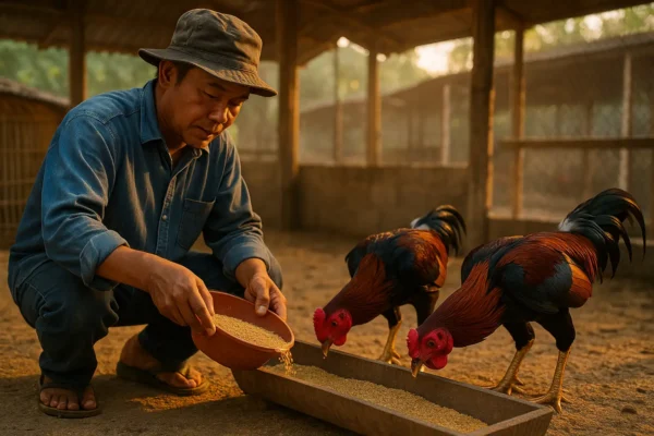 เจ้าของกำลังให้อาหารไก่ชนยามเช้าในซุ้ม ไก่ยืนกินเรียงกันอย่างเป็นระเบียบ