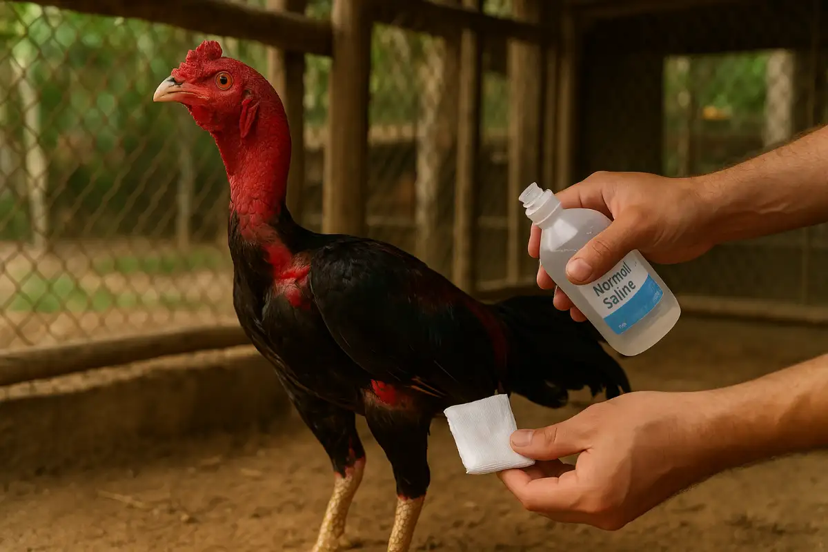 การดูแลแผลสดไก่ชนโดยใช้น้ำเกลือและผ้าก๊อซภายในซุ้มเลี้ยง