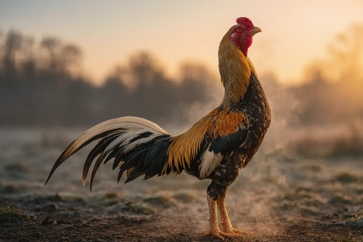 ไก่ชนกำลังยืดคอหายใจในยามเช้า แสดงถึงระบบปอดที่แข็งแรง