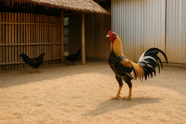 ภาพมุมกว้างของเล้าไก่ชนที่ปูพื้นด้วยทรายสะอาด ให้บรรยากาศอบอุ่นและโปร่งโล่ง