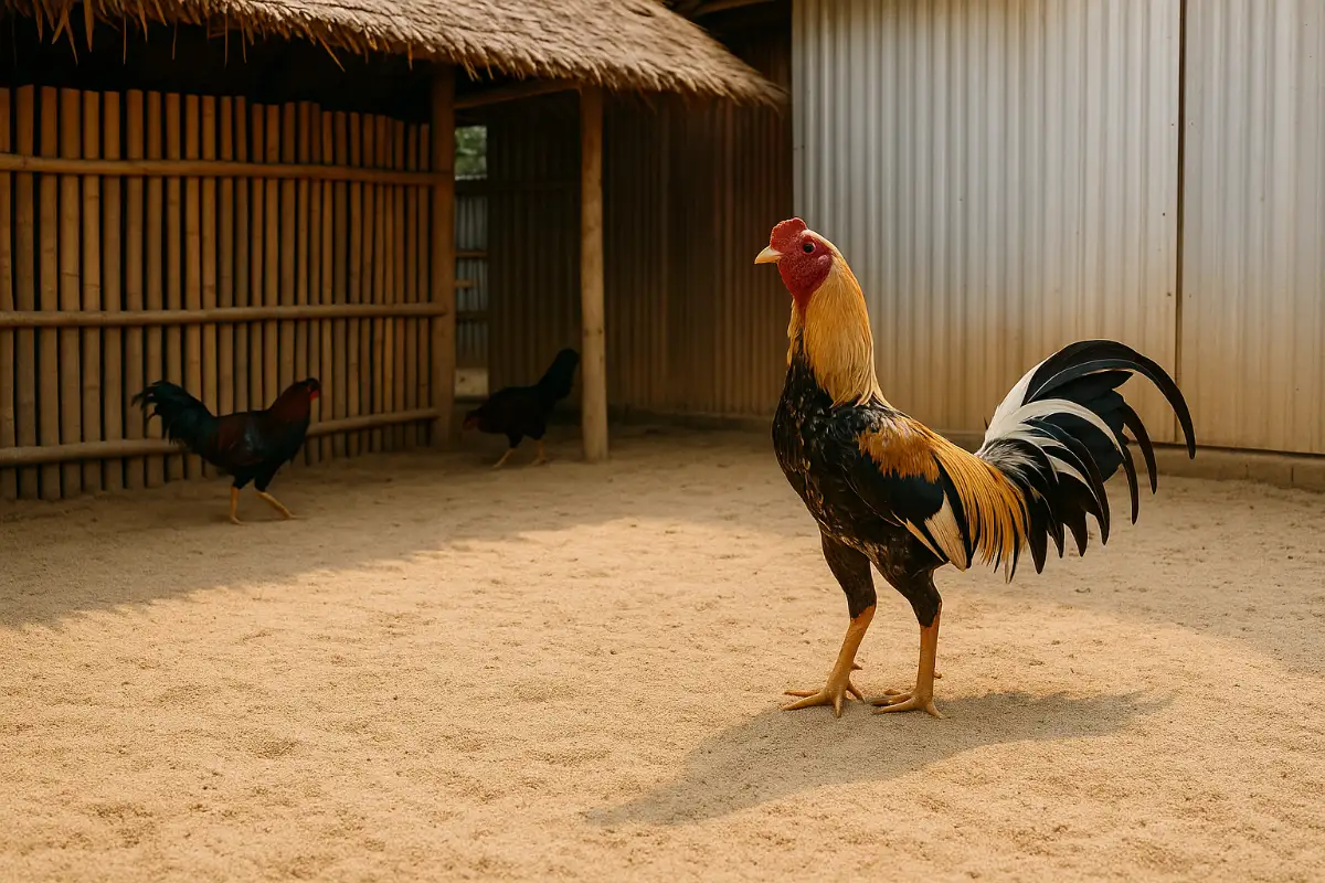 ภาพมุมกว้างของเล้าไก่ชนที่ปูพื้นด้วยทรายสะอาด ให้บรรยากาศอบอุ่นและโปร่งโล่ง