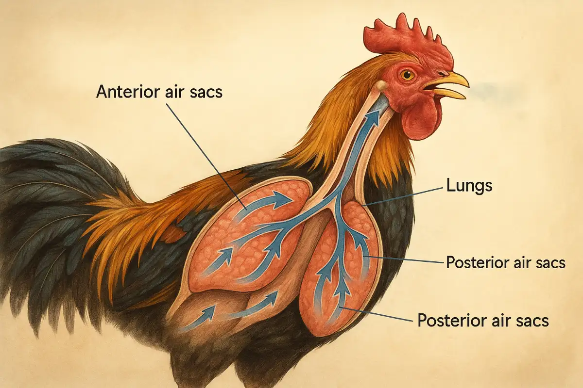 ภาพโครงสร้างถุงลมและปอดของไก่ชน แสดงการไหลเวียนอากาศ
