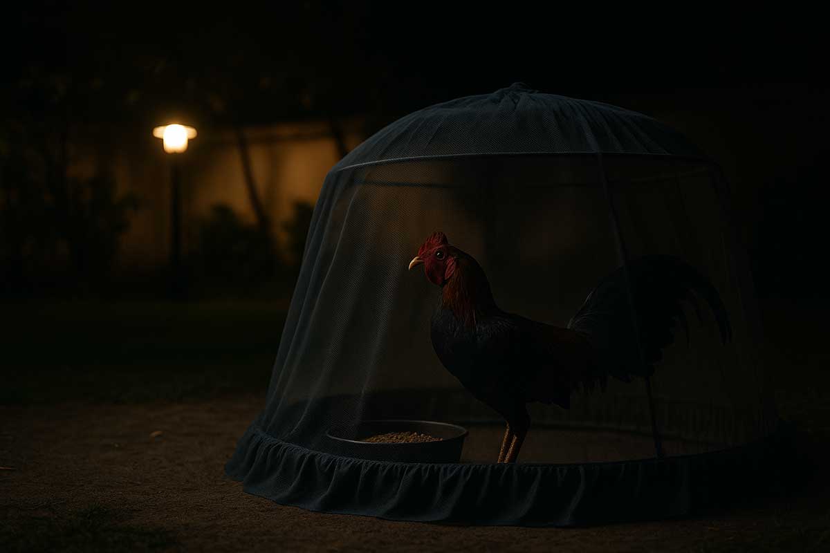 ไก่หนุ่มพักผ่อนในสุ่มที่คลุมมุ้งป้องกันยุงและศัตรูยามค่ำคืน