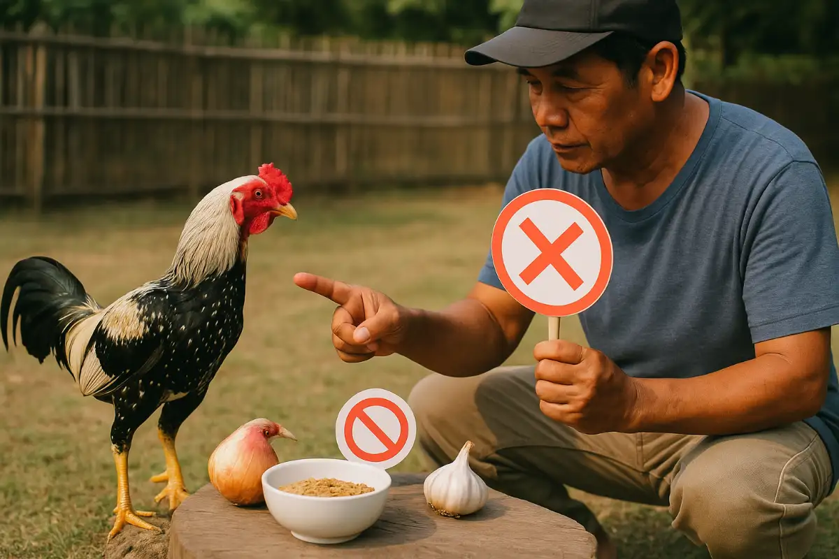 คนเลี้ยงไก่ชนกำลังชี้เตือนห้ามไม่ให้ไก่กินอาหารที่เป็นของต้องห้ามภายในซุ้มเลี้ยง