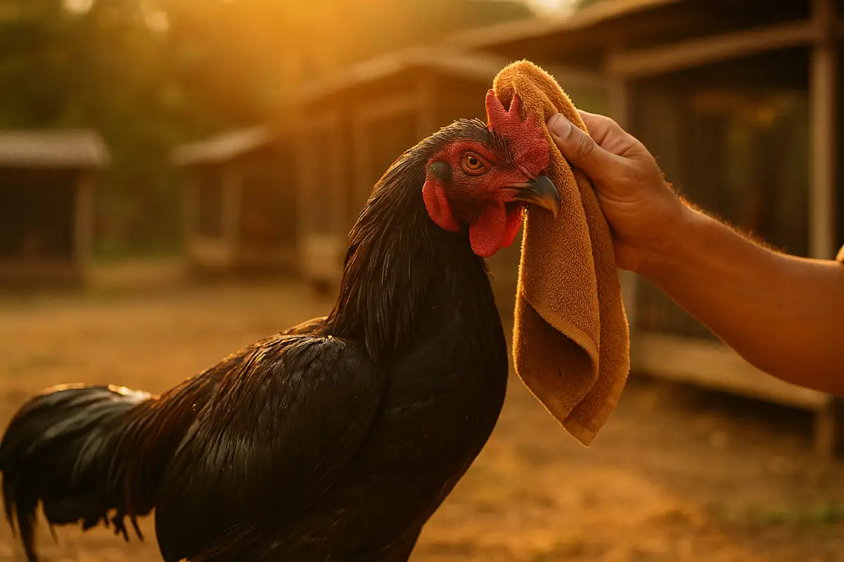 ไก่ชนพ่อพันธุ์ยืนพักหลังเตะนวม 2 ยก ในสนามซ้อม เจ้าของกำลังเช็ดเหงื่อให้ด้วยความใส่ใจ