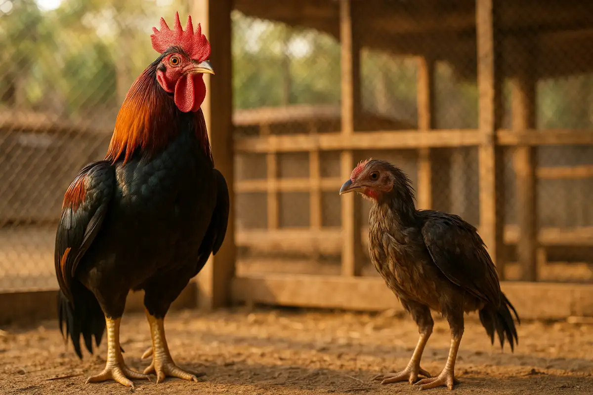 ไก่ชนสองตัวรุ่นเดียวกัน ตัวหนึ่งแข็งแรง อีกตัวตัวเล็ก โตช้า แสดงความแตกต่างอย่างชัดเจน