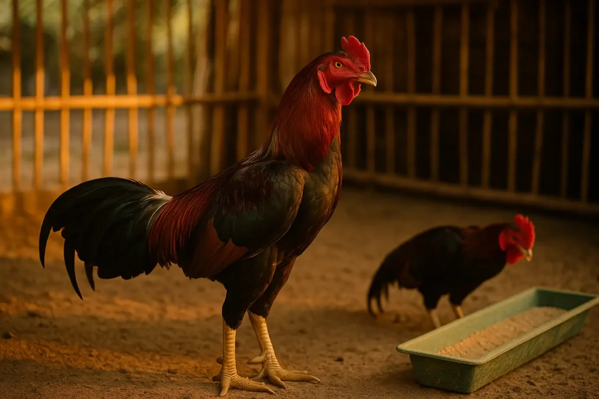 ไก่ชนพ่อพันธุ์ยืนสง่างามภายในซุ้มหลังให้อาหาร แสดงถึงสุขภาพที่แข็งแรงจากการให้อาหารที่ถูกต้อง