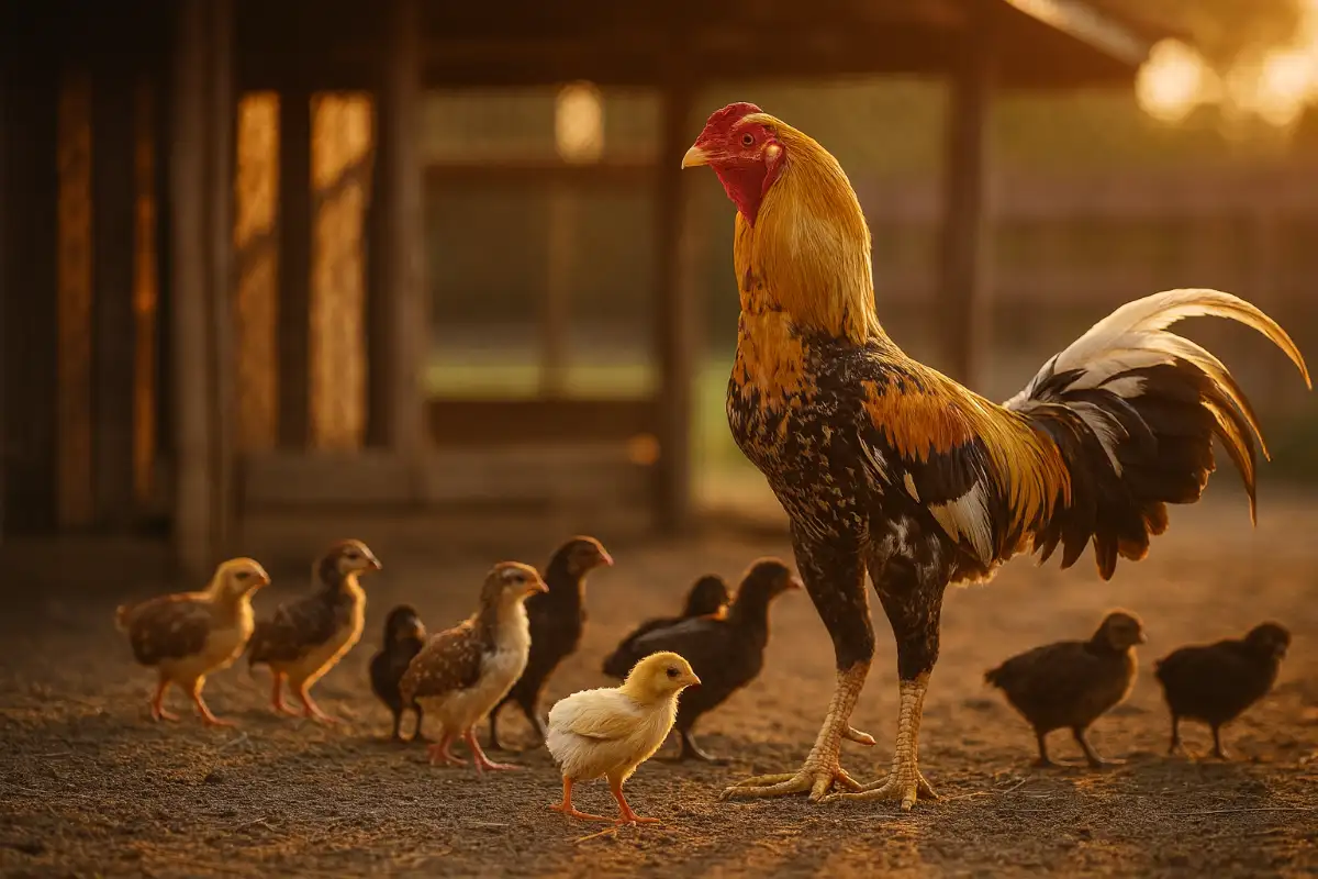 พ่อพันธุ์ไก่ชนยืนสง่างามพร้อมลูกหลานหลายรุ่น สื่อถึงสายพันธุ์ที่แข็งแรง
