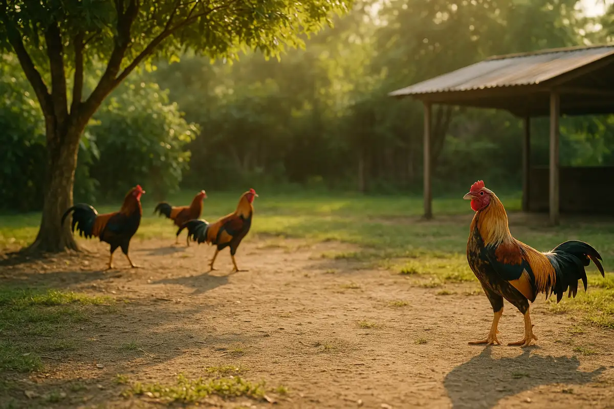 ไก่ชนตากแดดใกล้ร่มไม้ในซุ้มไก่ เพื่อรับวิตามินดีและไล่ปรสิตตามธรรมชาติ