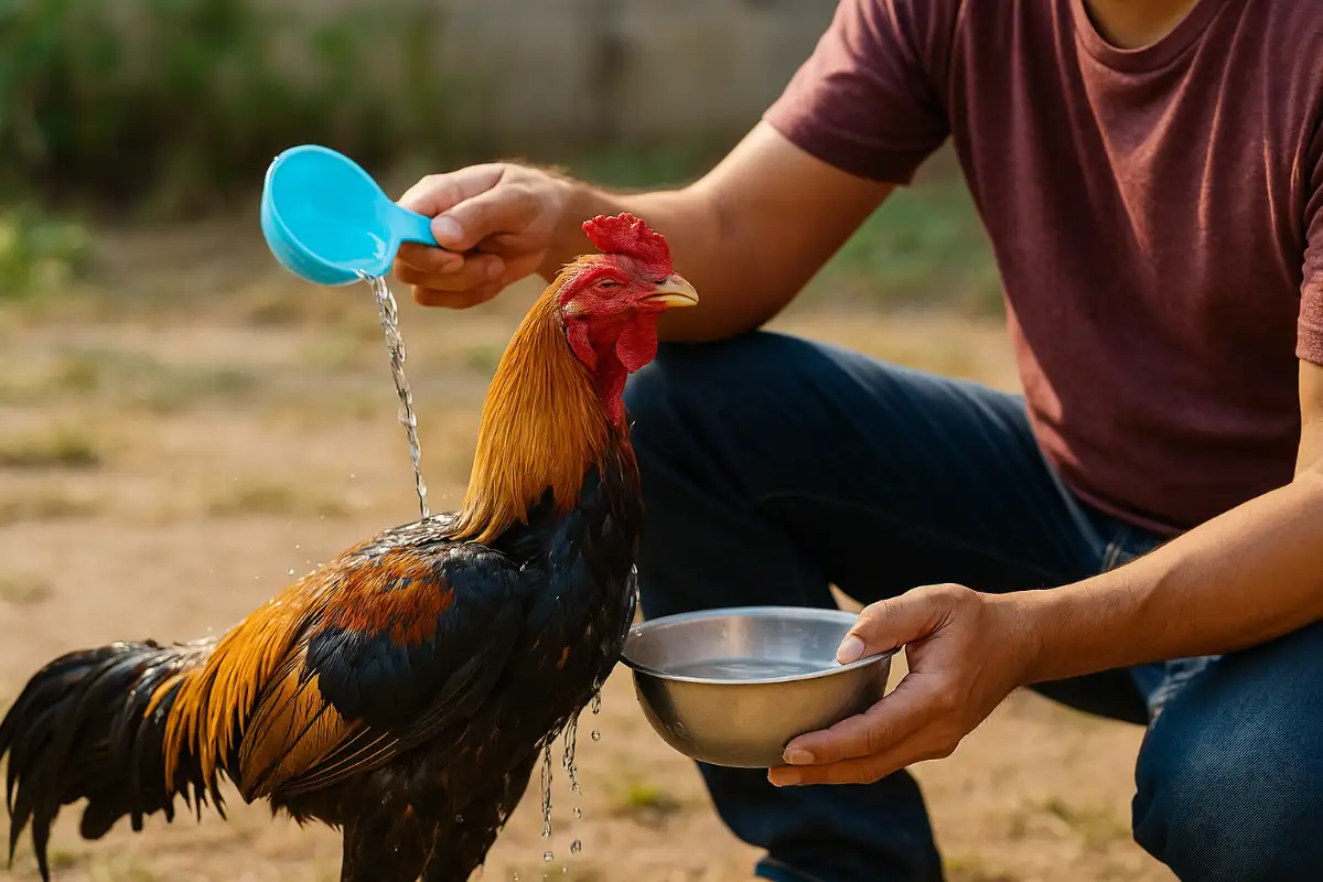 เจ้าของกำลังกกราดน้ำให้ไก่ชนหลังฝึก เพื่อลดความร้อนในร่างกาย