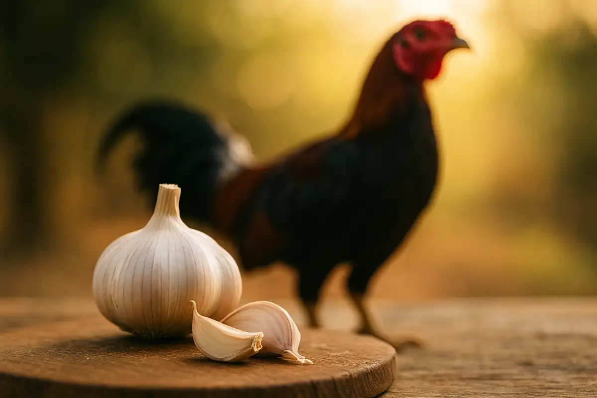 กระเทียมไทยวางบนโต๊ะไม้ พร้อมไก่ชนยืนอยู่ด้านหลัง สื่อถึงสมุนไพรพื้นบ้านที่ใช้บำรุงไก่ชน