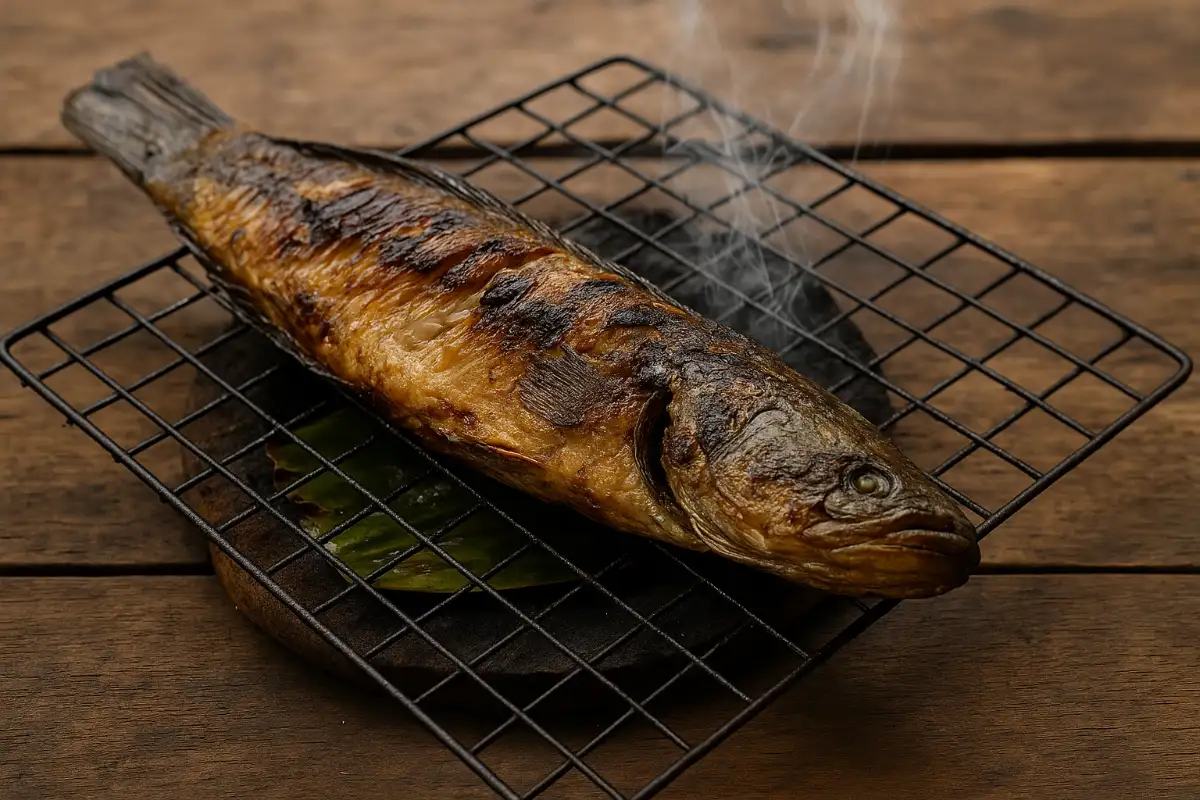 ปลาช่อนย่างบนตะแกรงถ่าน เป็นแหล่งโปรตีนและพลังงานสำคัญสำหรับไก่ชน