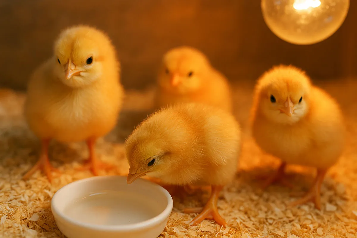 ลูกไก่ชนแรกเกิดสุขภาพดีขนฟูยืนอย่างแข็งแรงในตู้กกภายใต้แสงไฟให้ความอบอุ่น