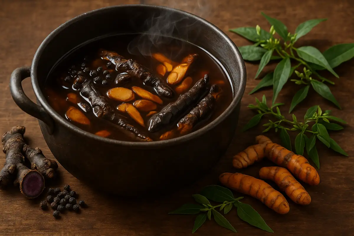 หม้อต้มสมุนไพรไทยรวมหลายชนิด เป็นสูตรบำรุงกำลังไก่ชนแบบเซียน