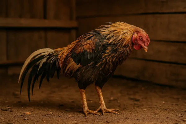 ไก่ชนยืนคอตก ขนยุ่ง อาการเริ่มต้นของโรคลำไส้อักเสบในไก่ชน