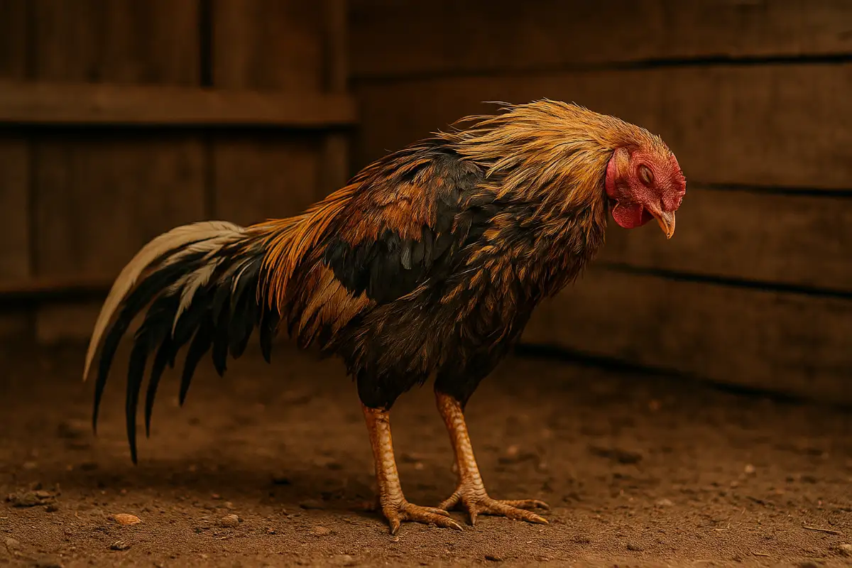 ไก่ชนยืนคอตก ขนยุ่ง อาการเริ่มต้นของโรคลำไส้อักเสบในไก่ชน