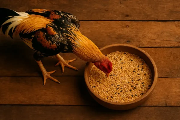 ไก่ชนไทยกำลังกินข้าวเปลือกและอาหารจากถาดไม้แบบพื้นบ้าน