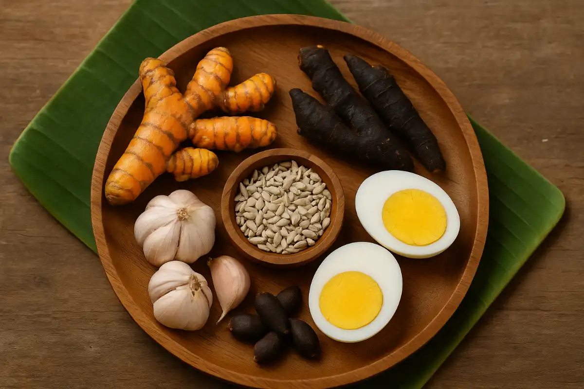 สมุนไพรพื้นบ้านสำหรับไก่ชน เช่น ขมิ้น กระชายดำ กระเทียม และไข่ต้ม บนถาดไม้