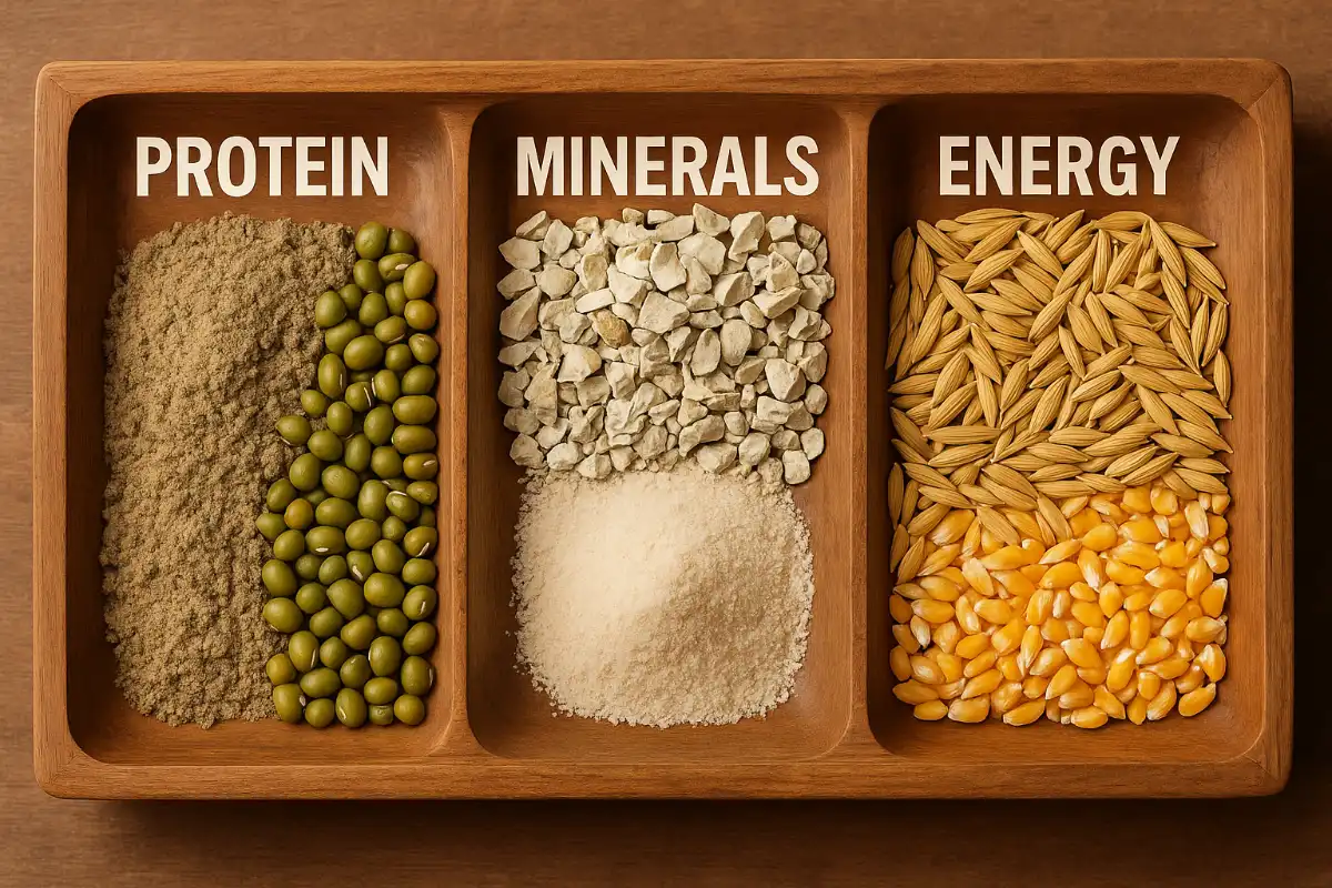 วัตถุดิบอาหารไก่ชน 3 หมวดหลัก โปรตีน แร่ธาตุ และพลังงาน จัดเรียงในถ้วยไม้