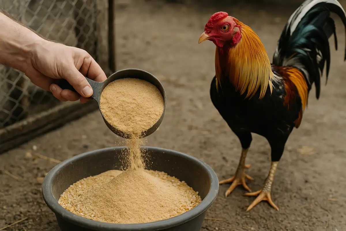 มือคนเลี้ยงตักรำข้าวละเอียดใส่อาหารไก่ชนในกะละมัง มีไก่ชนยืนอยู่ใกล้ ๆ