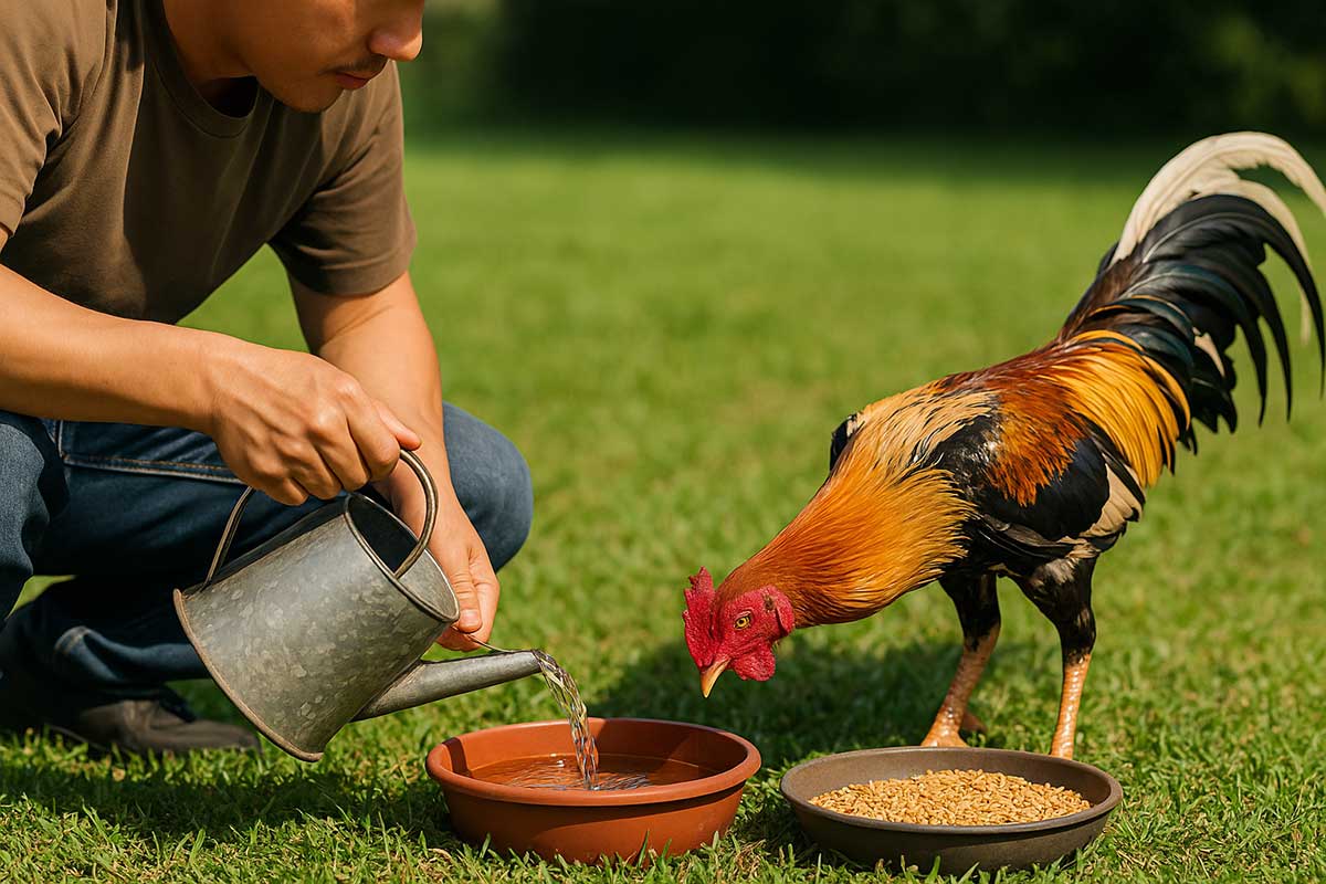 น้ำสะอาดและอาหารมื้อเช้าแก่ไก่หนุ่มพร้อมชน