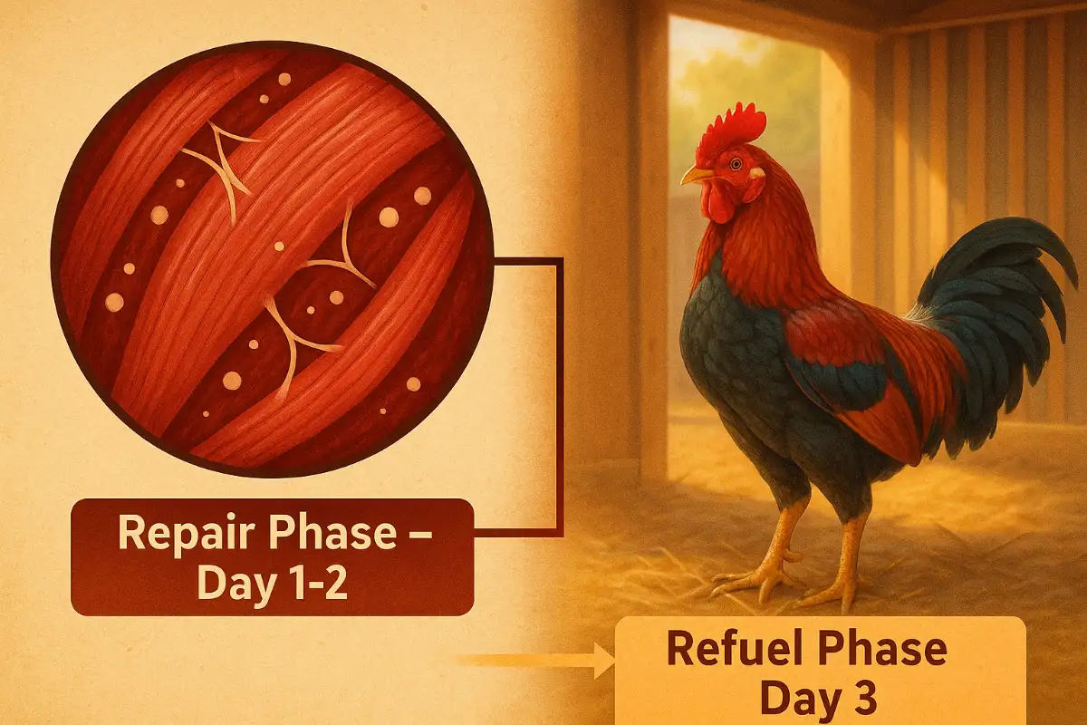 อินโฟกราฟิกแสดงกระบวนการซ่อมแซมกล้ามเนื้อและการเติมพลังไกลโคเจนของไก่ชนในช่วงพัก 3 วัน