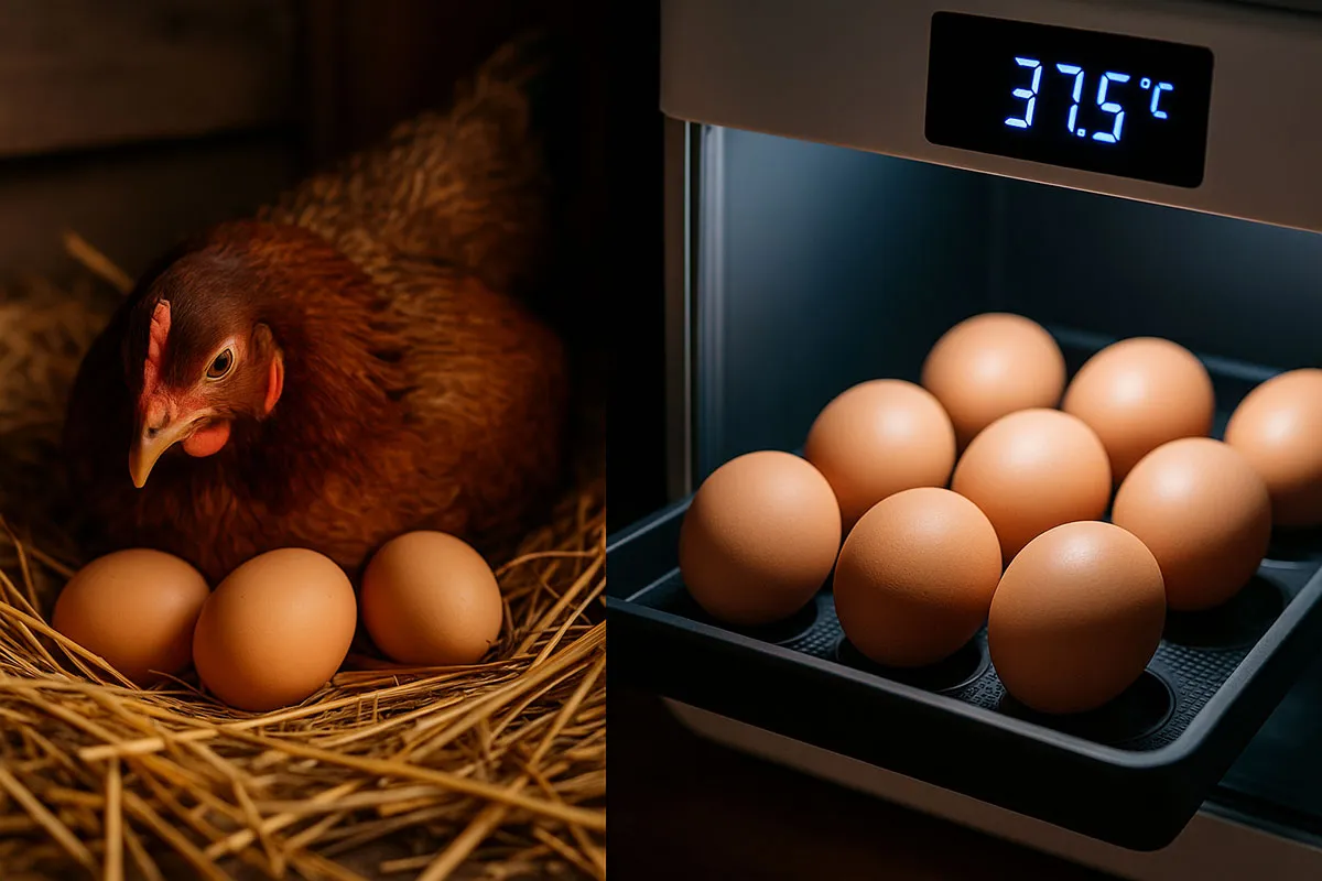 ภาพเปรียบเทียบวิธีการฟักไข่ไก่ชนระหว่างแม่ไก่กกไข่ตามธรรมชาติ กับการใช้ตู้ฟักไข่ควบคุมด้วยระบบดิจิทัล